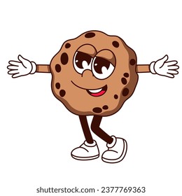 Ilustración vectorial de carácter de cookie Groovy. Caricatura aislada retro dulce pegatina de galleta con patatas fritas de chocolate y manos abiertas, feliz mascota de galletas con abrazo cálido y cara divertida para la pausa del café