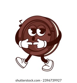 Groovy cookie character vector illustration. Cartoon isolated retro comic sweet food sticker of round chocolate cake with cream and funny face singing, cookie mascot with arms and legs walking