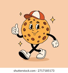 Groovy Ilustración vectorial de carácter de galleta. Etiqueta engomada retro aislada de la comida dulce de la historieta de la galleta con las virutas de chocolate, mascota feliz de la galleta con la cara divertida