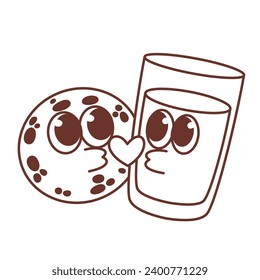 Galletas groovy y personajes de vidrio de leche en la ilustración vectorial de amor. Caricatura monocroma galleta dulce redondo con patatas de chocolate y un beso en la taza de leche y corazón de soplo, postre de desayuno con caras lindas