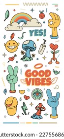 Groovy, cool hippie 70s stickers. colorful, funny cartoon flower, rainbow, fruit, home, heart in retro psychedelic style.isolated on white background.