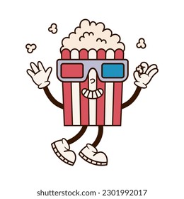 Groovy cool popcorn character with 3d cinema glasses. Cute retro mascot for movie theatre. Cartoon isolated vector illustration.