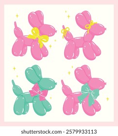 Groovy Coquette Balloon Dog with bow in Bold Vibrant Pastel Minimalist Flat Design set 