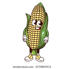 Groovy corn cartoon character standing with happy smile. Funny retro corn cob with green leaf and sweet kernels. Food, harvest mascot, cartoon maize sticker of 70s 80s style vector illustration