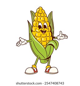 Groovy corn cob vegetable retro cartoon character with funny silly face, vector comic. Groovy funky sweet corncob with cheerful smile in hipster shoes for freaky vegetable food emoji cartoon character