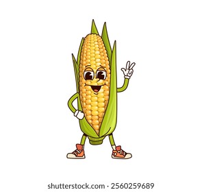 Groovy corn vegetable character. Isolated cartoon vector cheerful maize cob farm personage with green husk and ripe kernels, wearing retro shoes, giving a peace sign with joyful face expression