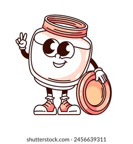 Groovy cosmetic cream jar cartoon character with peace gesture. Funny retro bottle holding cap with smile, beauty product mascot, cartoon cream package sticker of 70s 80s style vector illustration