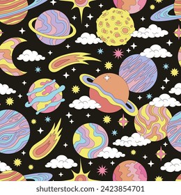 Groovy cosmos planets comets night sky galaxy vector seamless pattern. Retro 60s 70s 80s outer space universe celestial background.