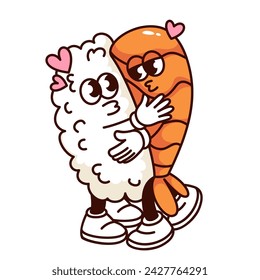 Groovy couple of shrimp and rice cartoon characters hug with kiss and hearts. Funny retro romantic shrimp sushi with love, Japanese food mascot, cartoon sticker of 70s 80s style vector illustration