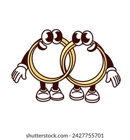 Groovy couple of wedding rings cartoon characters. Funny retro two rings for bride and groom hug with love, proposal ceremony and union mascot, cartoon sticker of 70s 80s style vector illustration