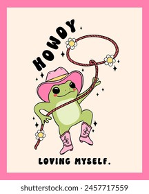 Groovy Cowboy Frosch mit Lasso Robe Trendy Selbst Liebe Retro Minimal Zeichnung Wand Kunst druckbar Ästhetik