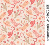 Groovy cowgirl boots , hats ,cactus and  horseshoe seamless pattern in peach fuzz, orange and pink with retro flowers and stars. For fabric, textile, wrapping paper and western background. 