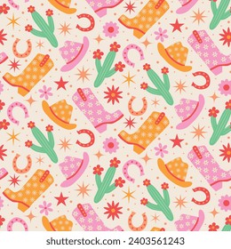 Botas de vaquera gruesas, sombreros, cactus y herradura sin costura en rosa, rojo y naranja con flores y estrellas retro. Para tela, textil, papel envolvente y fondo occidental. 