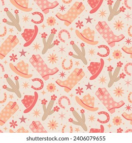 Groovy cowgirl boots , hats ,cactus and  horseshoe seamless pattern in peach fuzz, orange and pink with retro flowers and stars. For fabric, textile, wrapping paper and western background. 