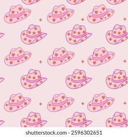 Groovy Cowgirl Hat Hot Pink Seamless Pattern, Girly Western Retro Wallpaper isolated on background. Cowboy Western and Wild West theme. For design, poster, greeting card, pack paper