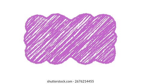 Groovy crayon scallop rectangle border sketched in retro purple sketch style. Wavy frame creates abstract background with chalk graphic look. Y2k shading accents vintage design charm.