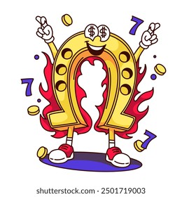 Groovy crazy horseshoe cartoon character with burning fire. Funny retro good luck symbol with dollars in eyes. Casino jackpot mascot, cartoon horseshoe sticker of 70s 80s style vector illustration