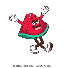 Groovy crazy watermelon character vector illustration. Cartoon isolated psychedelic Y2K fruit slice mascot walking with arms up, summer tropical piece of sliced watermelon with cute happy face