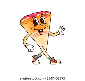 Groovy crepe dessert character with playful face, wearing retro sneakers, exudes joy and energy with wide smile. Cartoon vector fun thin pancake, breakfast food personage exudes happy and funky vibes