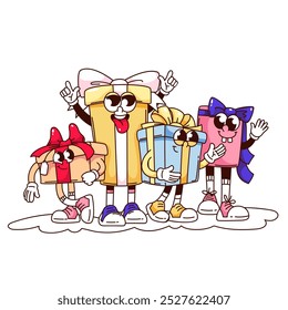 Groovy crowd of festive Christmas gift boxes cartoon characters. Funny retro happy gift group with funky faces and gestures. Xmas party mascot, cartoon sticker of 70s 80s style vector illustration