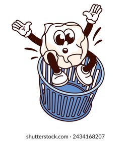 Groovy crumpled paper ball cartoon character falling into trash bin. Funny retro folded paper flying in basket, office garbage and bad idea mascot, cartoon sticker of 70s 80s style vector illustration