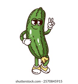 Groovy cucumber cartoon character with peace hippie gesture. Funny retro green vegetable with flower showing V fingers. Food mascot, cartoon cucumber sticker of 70s 80s style vector illustration