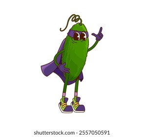 Groovy cucumber superhero vegetable character. Cartoon vector super hero veg pointing with finger, funny green veggie ready for feat. Healthy vitamin food defender personage in sneakers, cape and mask