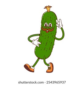 Groovy pepino vegetal alegre caráter. Agricultura vegetariano maduro veggie feliz vintage funky vetor mascote, comida vegetariana colheita de pepino orgânico ou produto agrícola fresco isolado bonito groovy personagem