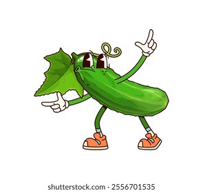 Groovy cucumber vegetable funny character. Farming market whole veggie isolated cartoon vector character, agriculture organic product or farm fresh cucumber vegetable groovy funny personage