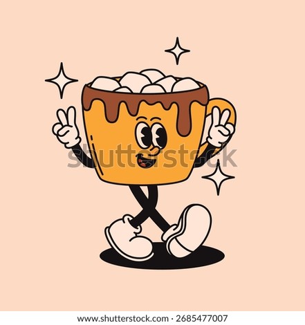 Groovy cup of hot chocolate with marshmallows character in retro style. Flat vector illustration.