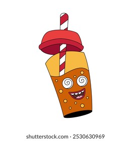 Groovy cup of soda water character with straw and spirals of hallucination in eyes vector illustration