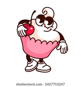 Groovy cupcake cartoon character with cream and cherry. Funny retro cupcake holding berry with smile, wedding cake mascot, cartoon birthday dessert sticker of 70s 80s style vector illustration