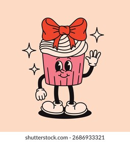 Groovy cupcake character with a bow in retro style. Flat vector illustration.