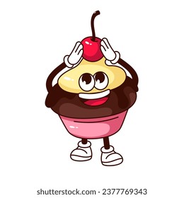 Groovy cupcake character vector illustration. Cartoon isolated retro sweet food sticker, cupcake with chocolate holding cherry berry over cream cap, psychedelic mascot with happy face, arms and legs
