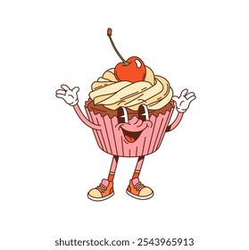 Groovy cupcake ou personagem bonito muffin. Café doce refeição alegre personagem de desenho animado, pastelaria padaria ou sobremesa de restaurante mascote groovy bonito. Cupcake com creme e cereja isolado engraçado personagem