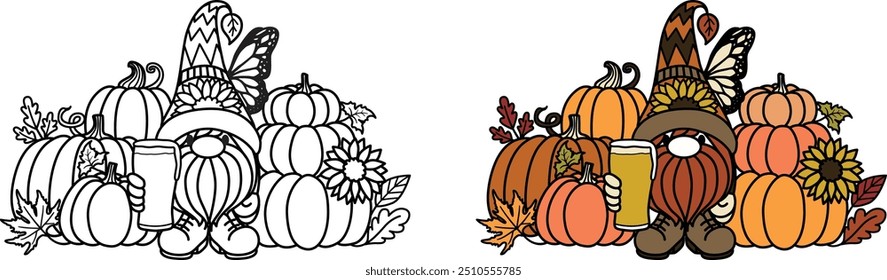 Groovy cute autumn harvest gnome holding a glass of beerstanding next to pumpkins, with editable thickness of the lines for coloring page or design element. Vector illustration.