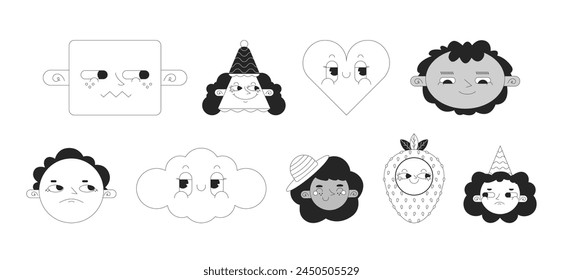 Groovy cute black and white 2D vector avatars illustration set. 70s retro heart, cloud, strawberry outline cartoon character faces isolated. Cone party flat user profile images collection portraits