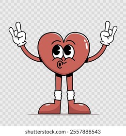 Groovy cute cartoon character in retro style heart with rock gesture. Beautiful and psychedelic valentine's day mascot with face, arms, legs. Romantic vector concept on transparent background. Vintage