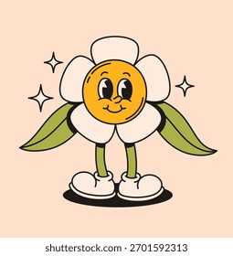 Groovy cute flower character. Flat vector illustration.