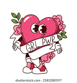 Groovy cute heart cartoon character with flowers and Girls Power slogan on ribbon. Funny retro heart with motivation text. Feminism, love mascot, cartoon sticker of 70s 80s style vector illustration