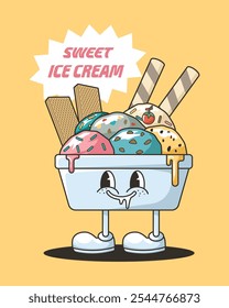 groovy cute ice cream character with chocolate roll and waffle