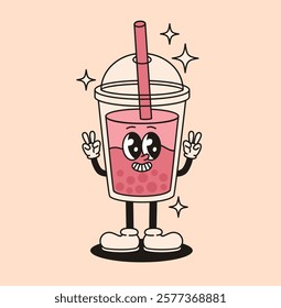 Groovy cute retro character bubble tea. Flat vector illustration.