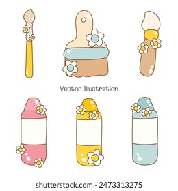 Groovy Cute Staionary, Back To School, Vector Illustration