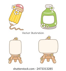 Groovy Cute Staionary, Back To School, Vector Illustration