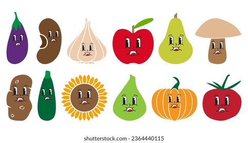 Groovy Cute Vegetable and Fruit Set of Eggplant, Bean, Garlic, Apple, Pear, Mushroom, Potato, Zucchini, Sunflower, Fig, Pumpkin and Tomato Characters Isolated on White Background