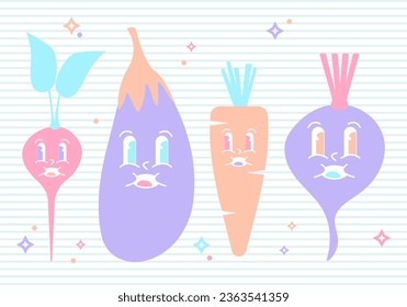 Groovy Cute Vegetable Set of Radish, Beetroot, Eggplant and Carrot Characters on Notebook Background