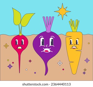 Groovy Cute Vegetable Set of Radish, Beetroot, Carrot Characters In the Soil Garden