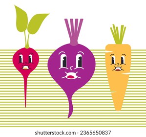 Groovy Cute Vegetable Set of Radish, Beetroot, Carrot Characters Isolated 