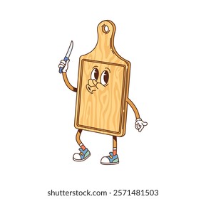 Groovy cutting board retro character for kitchenware utensil, cartoon vector. Funny groovy wooden board with knife for chopping, happy face and funky whistling for kitchenware utensil character