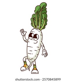 Groovy daikon cartoon character walking. Funny step of happy retro white long radish with green leaf. Food, vegetable mascot, cartoon cute daikon sticker of 70s 80s style vector illustration